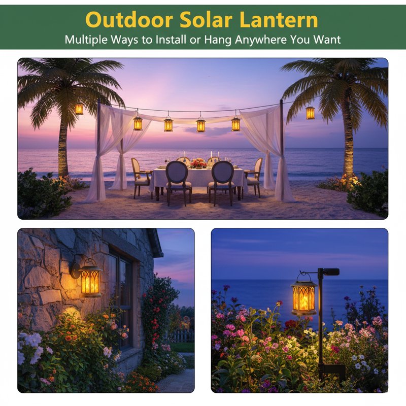 Copper Solar Lantern Outdoor Lights 2 Pack Flickering Flame Waterproof Hanging Decor