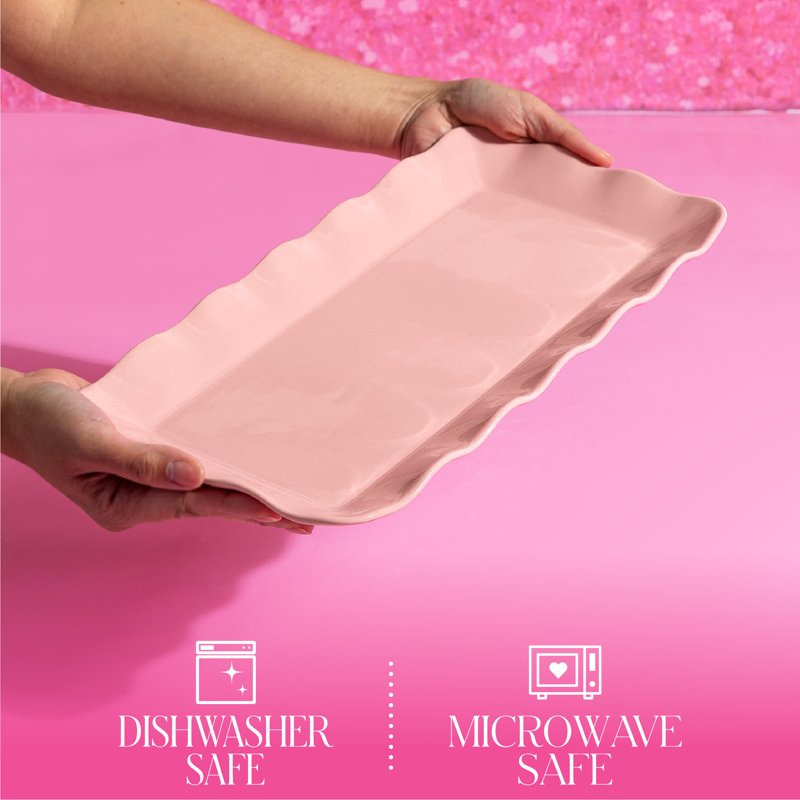 Stoneware Serving Tray Platter - Scalloped Ruffle Rim, Rose Pink, 14.5 x 7-inch
