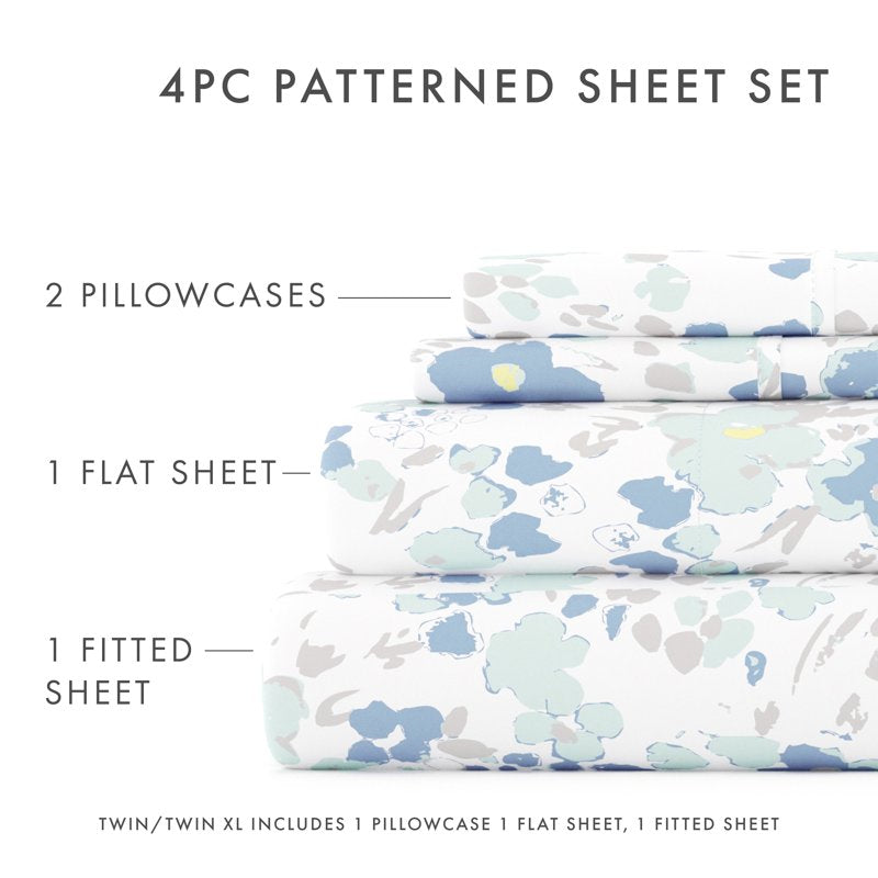 Full Blue Violets Pattern Microfiber Bed Sheets Set - 4 Piece