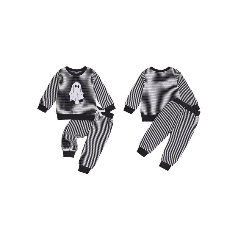 Baby Boy Halloween Outfit Ghost Embroidery Striped Sweatshirt & Pants Set - 6-12 Months