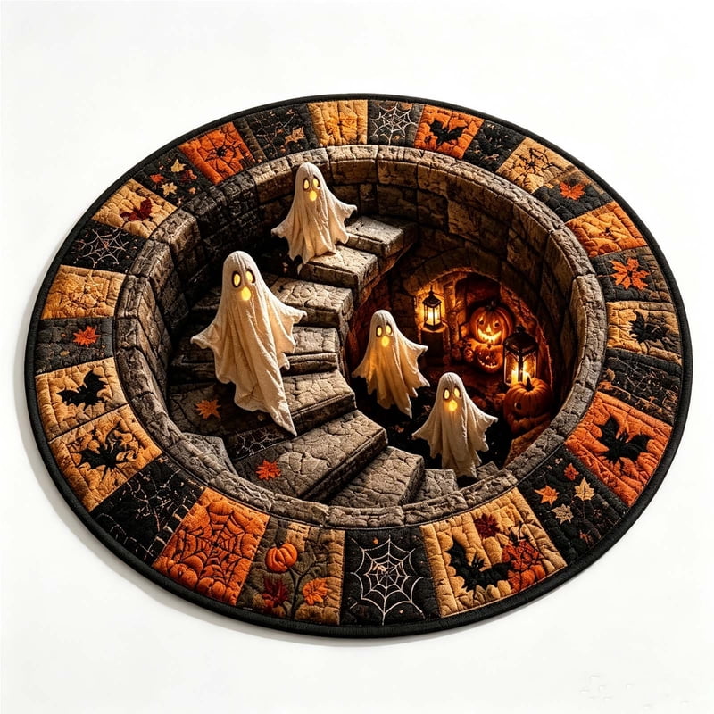 Halloween Optical Illusion Round Doormat 15.7x15.7in Scenic Staircase Rug with Ghosts and Pumpkins - OVFUIZ Variation 01