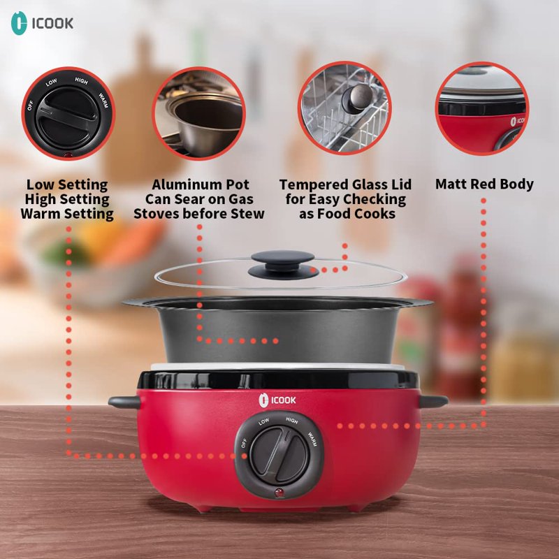 6.5 Quart Slow Cooker with Glass Lid & Adjustable Temperature Control - Red