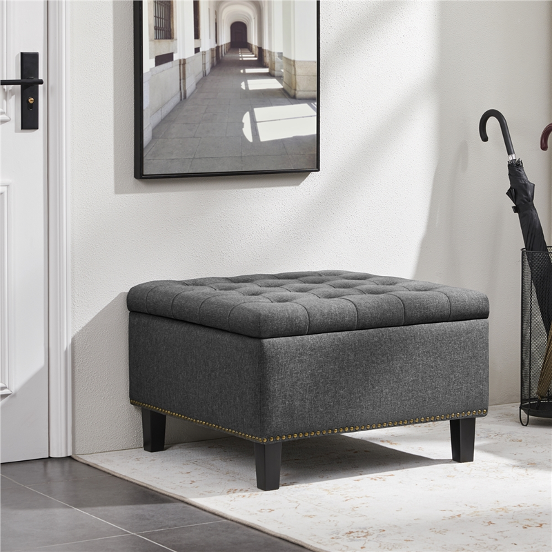 Storage Ottoman Bench with Button-Tufted Seat - Dark Gray
