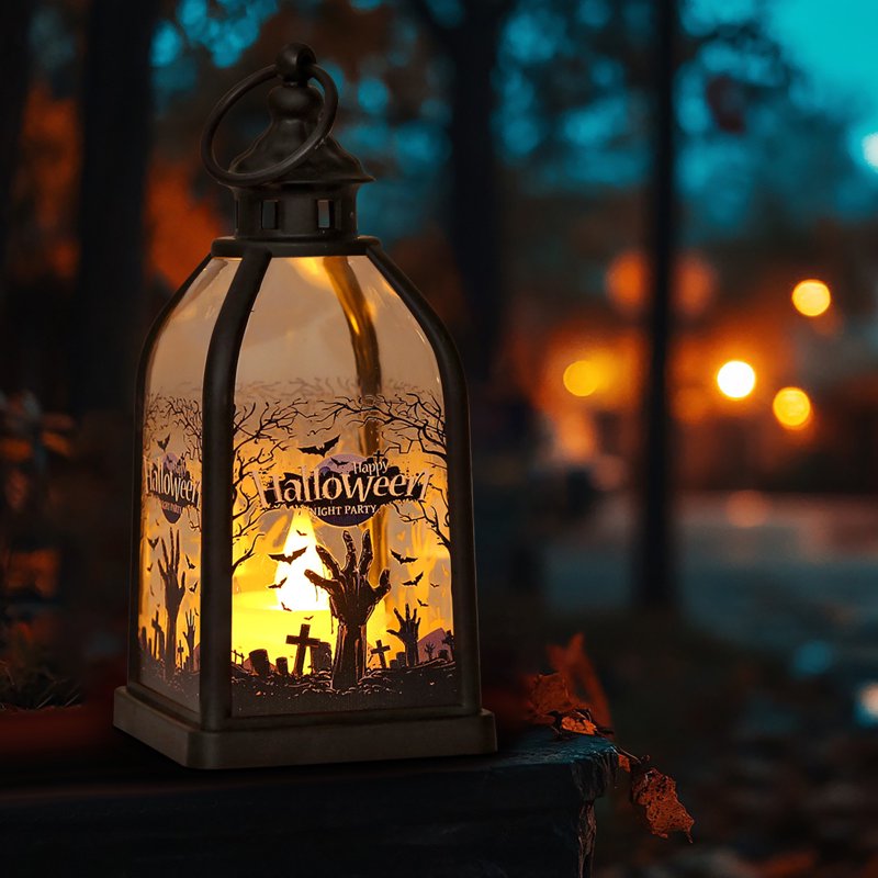 Halloween Candle Lantern with LED Lights Indoor Outdoor Hanging Spooky Decor D
