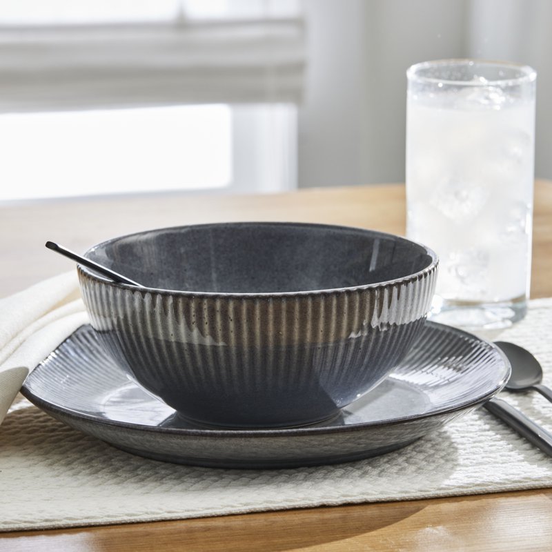 Stoneware Cereal Bowls - 2 Pack, Grey Ribbed Design