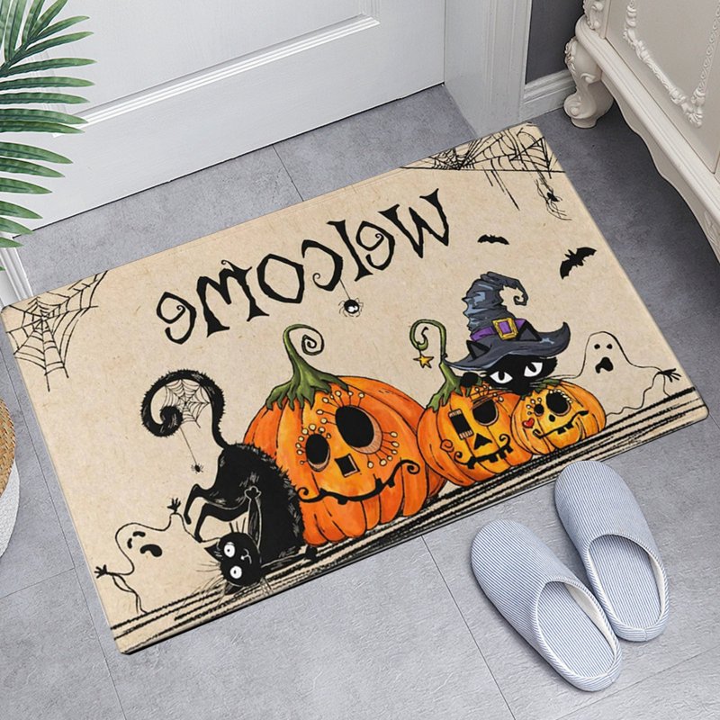 Halloween Cat Doormat with Pumpkin - Layered Fall Outdoor Rug - Variation A