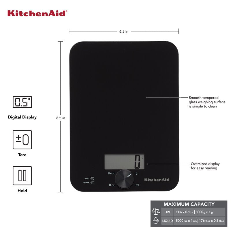Digital Glass Top Kitchen Scale - 11lb Capacity, Black
