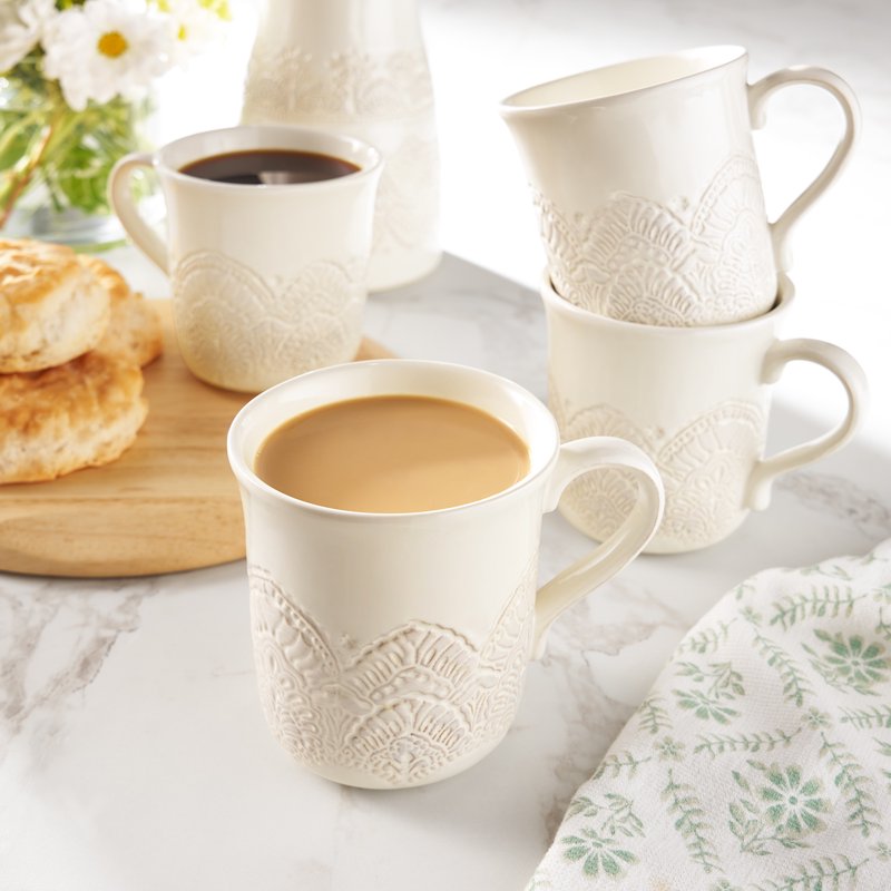 Vintage Lace Ceramic Mug Set - Linen, 4-Pack