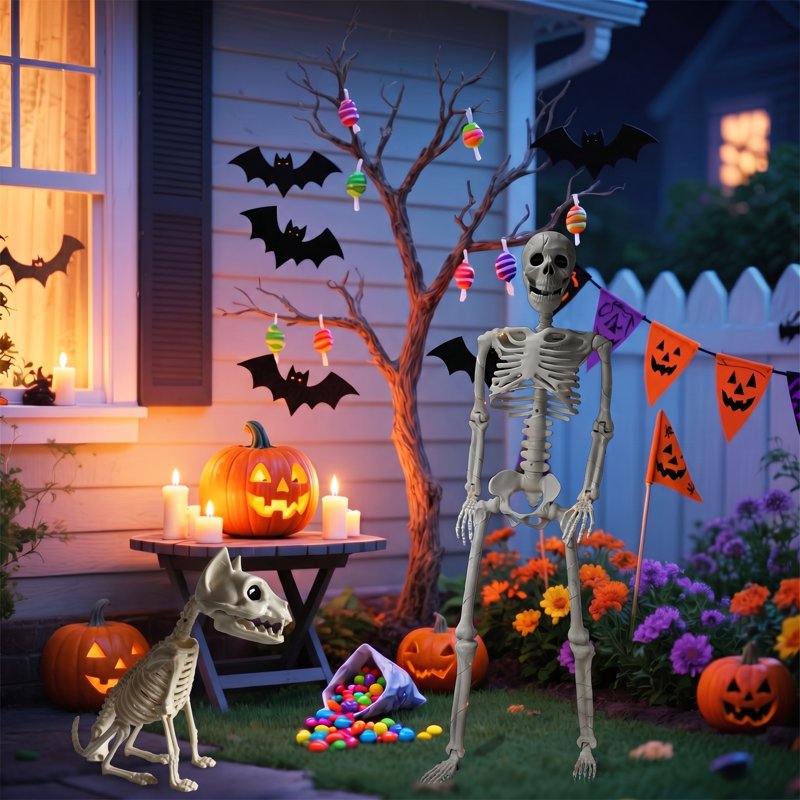 Halloween Human and Cat Skeleton Set - 90cm Posable Full Body Decor