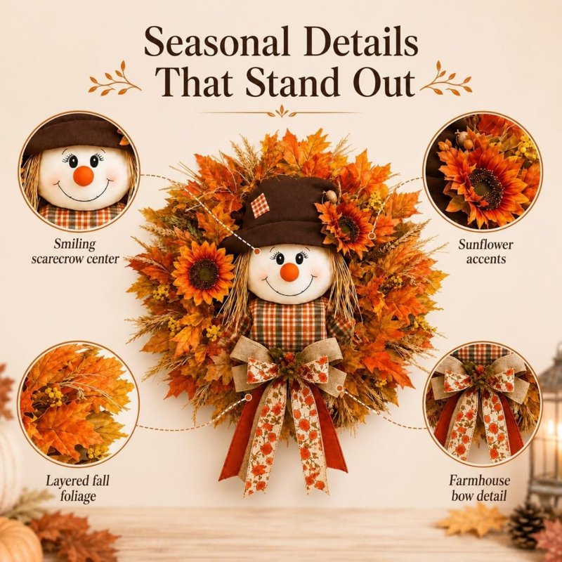 Lighted Fall Wreath for Front Door - Classic Style Harvest Decor with Sunflower & Maple Leaves