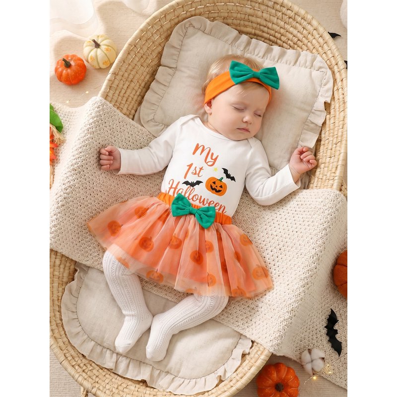Baby Girl Halloween Clothes Set - Orange, 0-3 Months Romper Tulle Skirt Headband 3 Pcs