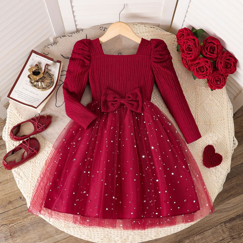 Girls Party Dress with Star Embroidery & Puff Sleeves, Size 7-8 Years - Red Variation Z10-10