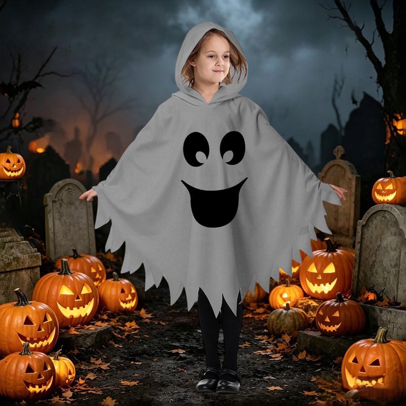 Kids Ghost Face Costume Cape Unisex Halloween Dress Up 4-6 Years Grey Fancy-Dress