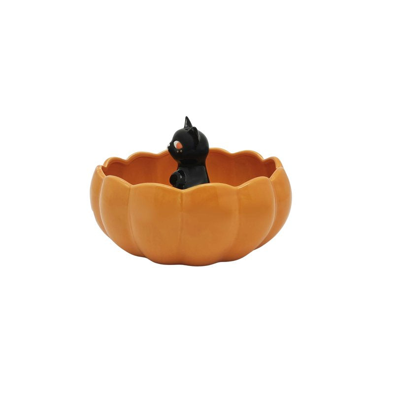 Halloween Ceramic Pumpkin Bowl with Black Cat Figurine
