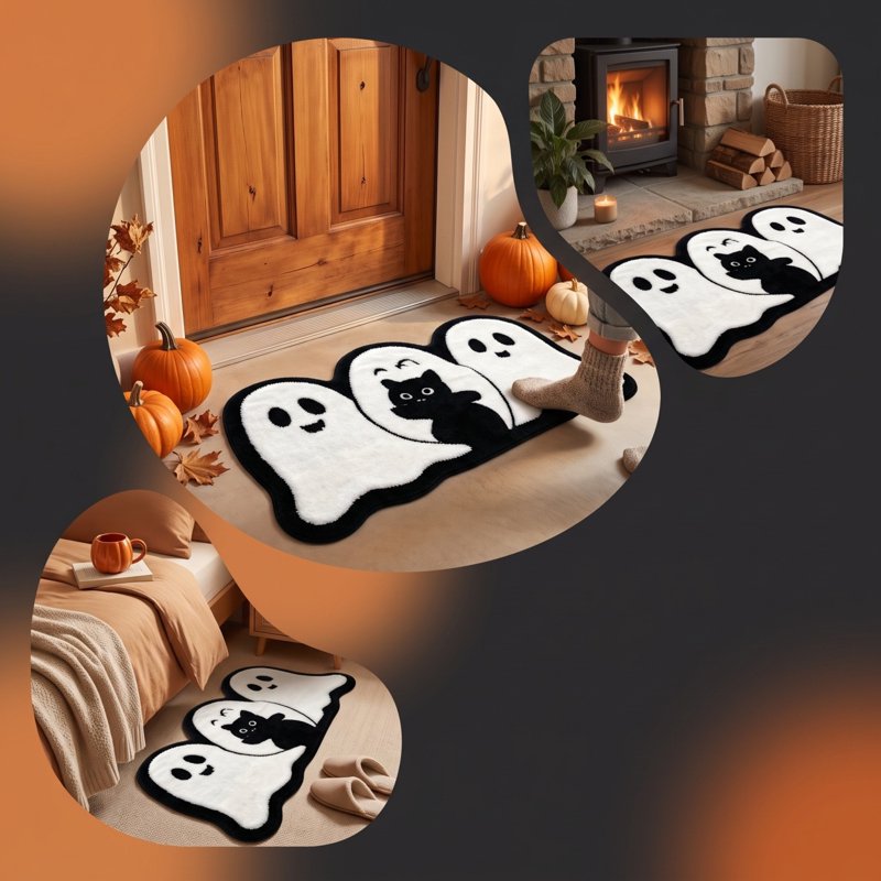Halloween Door Mat 31.5x19.7in Ghost & Black Cat Crystal Velvet Welcome Indoor Rug - Variation of THIS listing