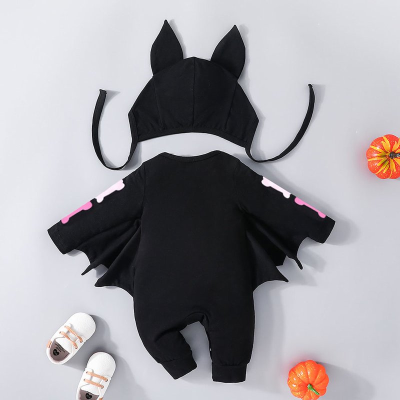 Baby Skeleton Print Halloween Jumpsuit & Hat Set - 9-12 Months, Black Pink