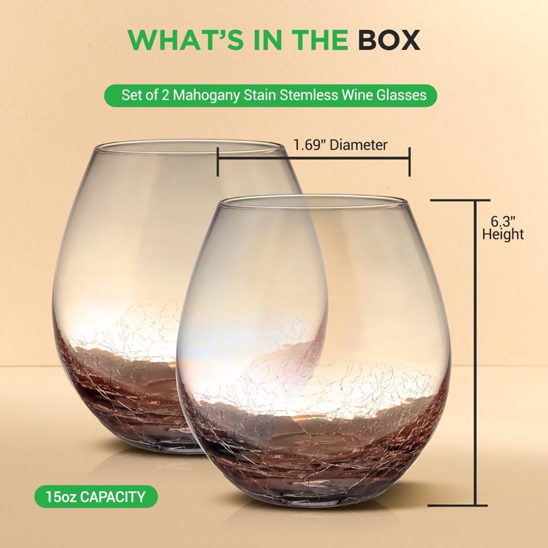 Elegant Hand Blown Stemless Wine Glasses - 19oz, Set of 2