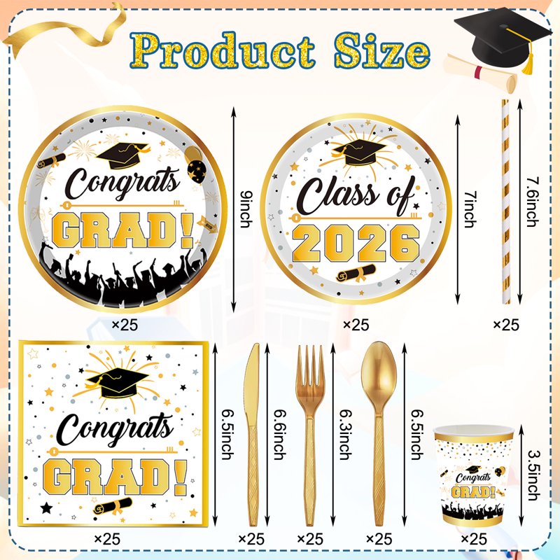 Graduation Plates and Napkins Party Supplies - Class of 2026 Congrats Grad Disposable Tableware Set - White Variation