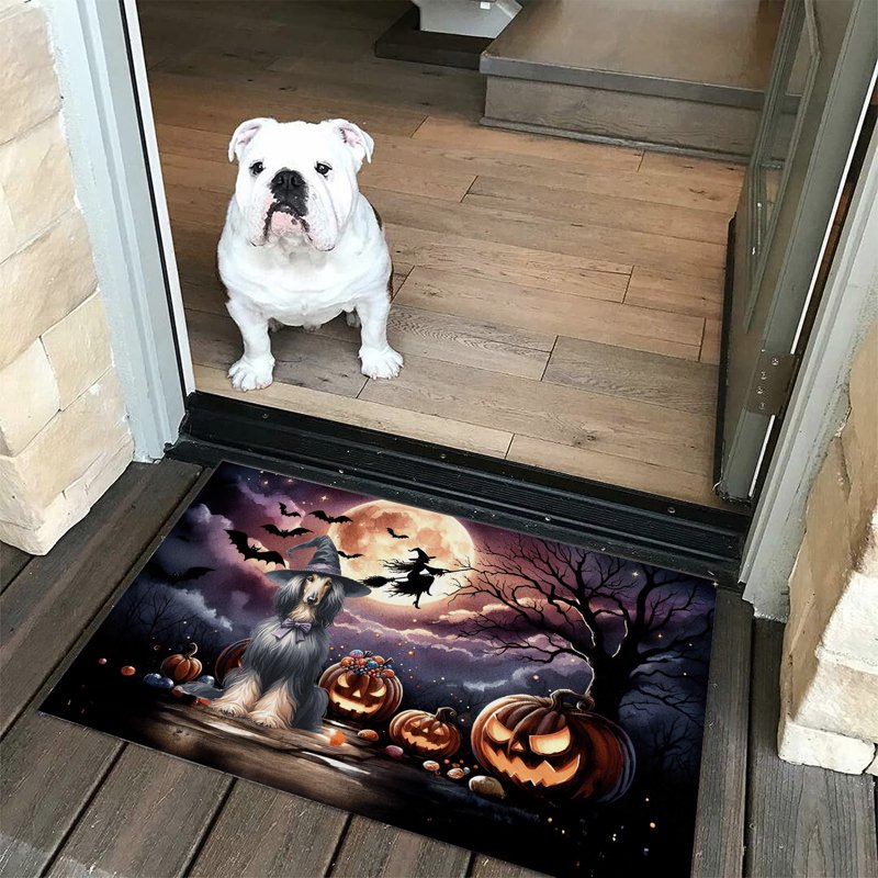 Rubber Doormat 24x16in - Halloween Witch Afghan Hound Glow Pumpkins Dog Lover Entrance