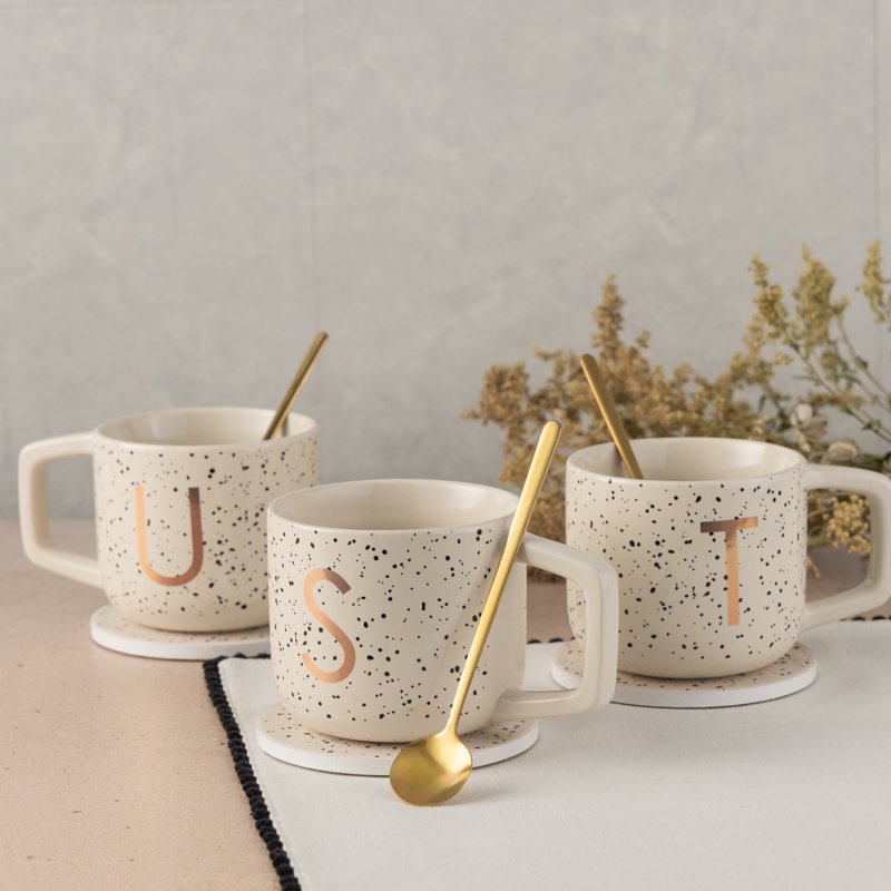 Monogram U Stoneware Coffee Mug Set with Coaster & Spoon