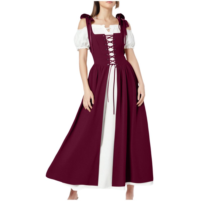 Women’s Renaissance Costume Dress - Vintage Medieval Peasant Style, AA-Wine, S