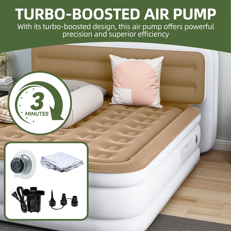 Queen Size Inflatable Air Mattress with Built-in Headboard and Pump - Durable Flocked Top, Portable for Indoor & Outdoor Use