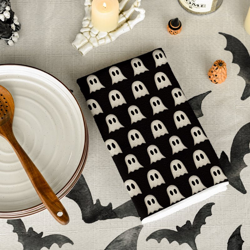 Halloween Kitchen Towels Set of 4 - Ghost Boo Bow Knot Black Stripes 18x26 Inches