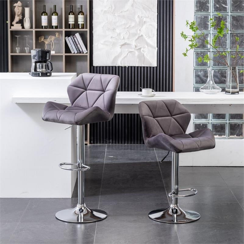 Velvet Diamond Tufted Swivel Adjustable Barstool Set of 2 - Gray