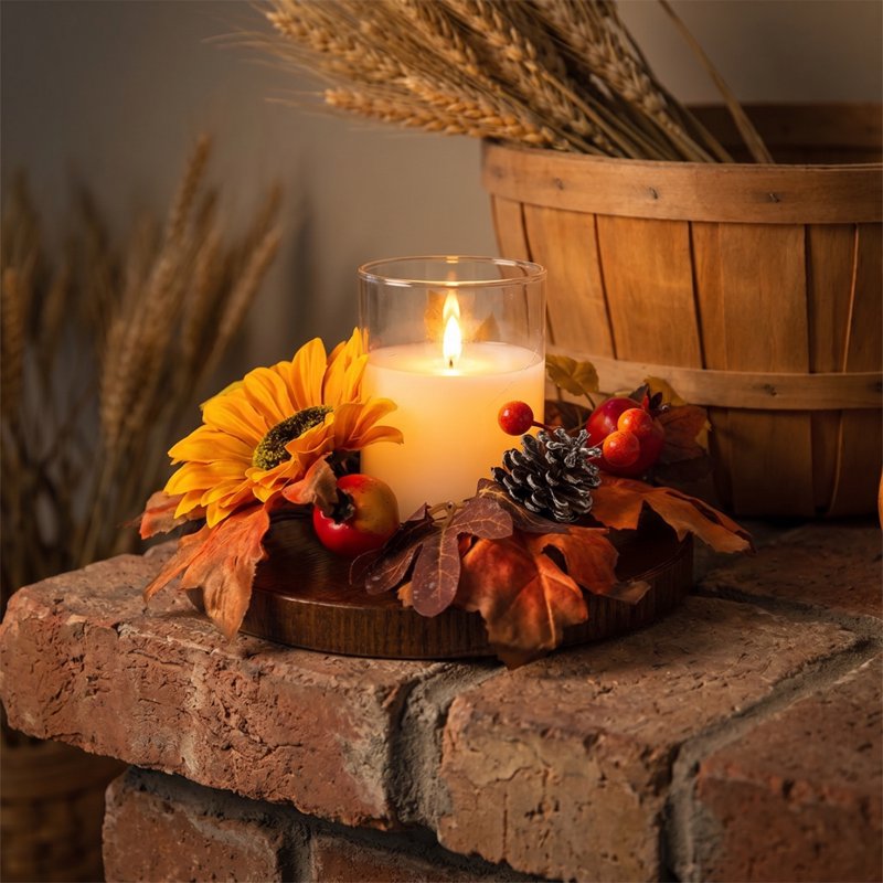 Daghihgewr Fall Sunflower Candle Ring - Rustic Autumn Mini Wreath for Pillar Candles - Variation #5