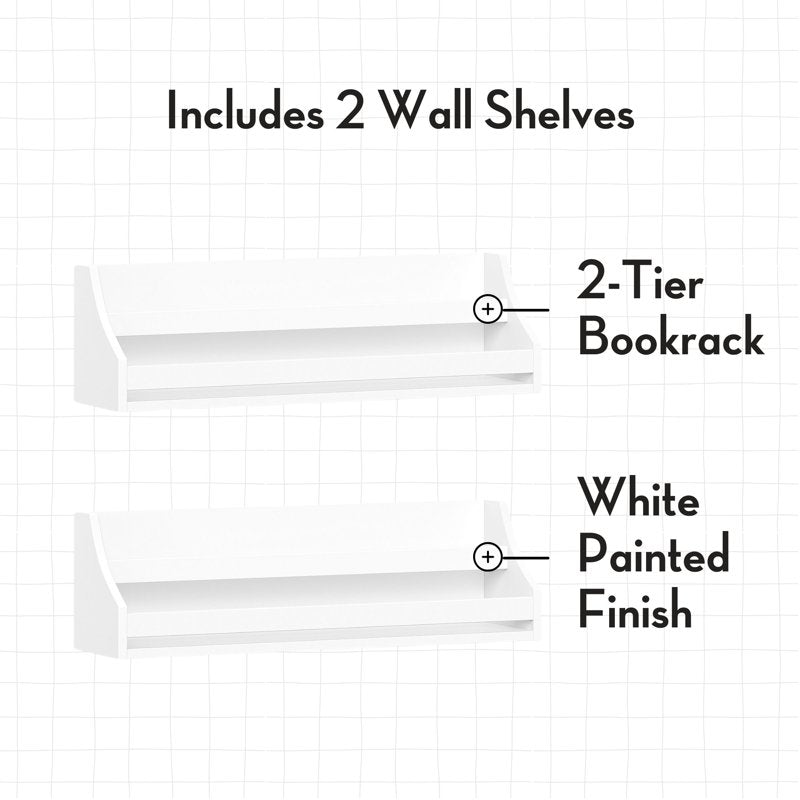 Kids Wall-Mounted Bookshelf Set - 2 Spacious Shelves - White