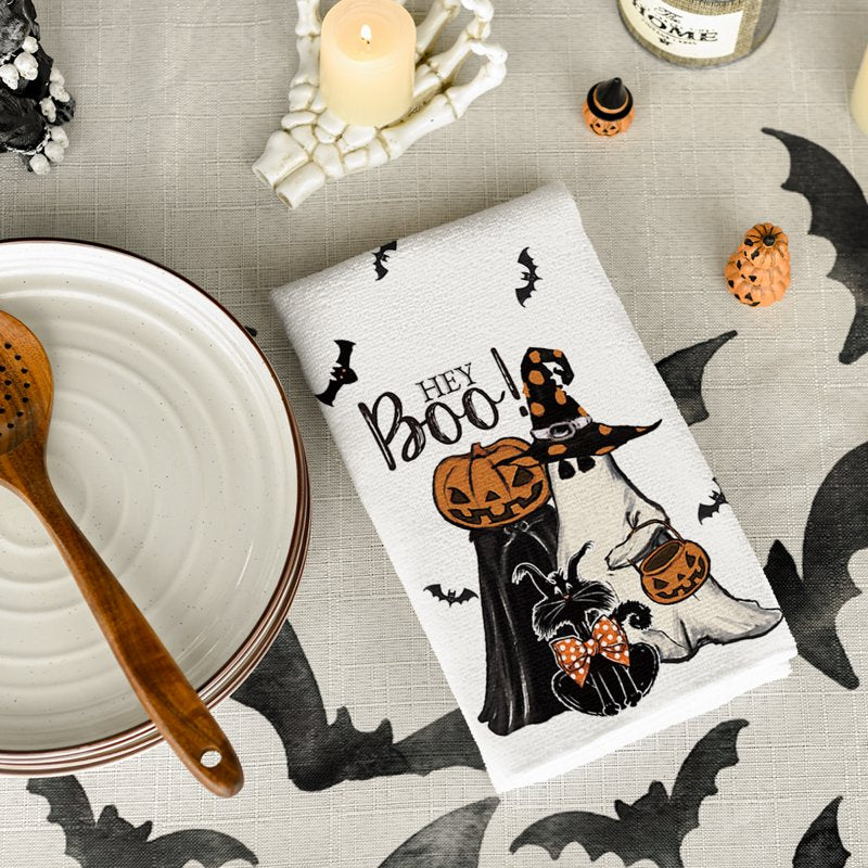 Halloween Kitchen Dish Towels Set - Spooky Pumpkin Ghost Bat Design, 2 pcs 18 x 26 inches - Farmhouse Style