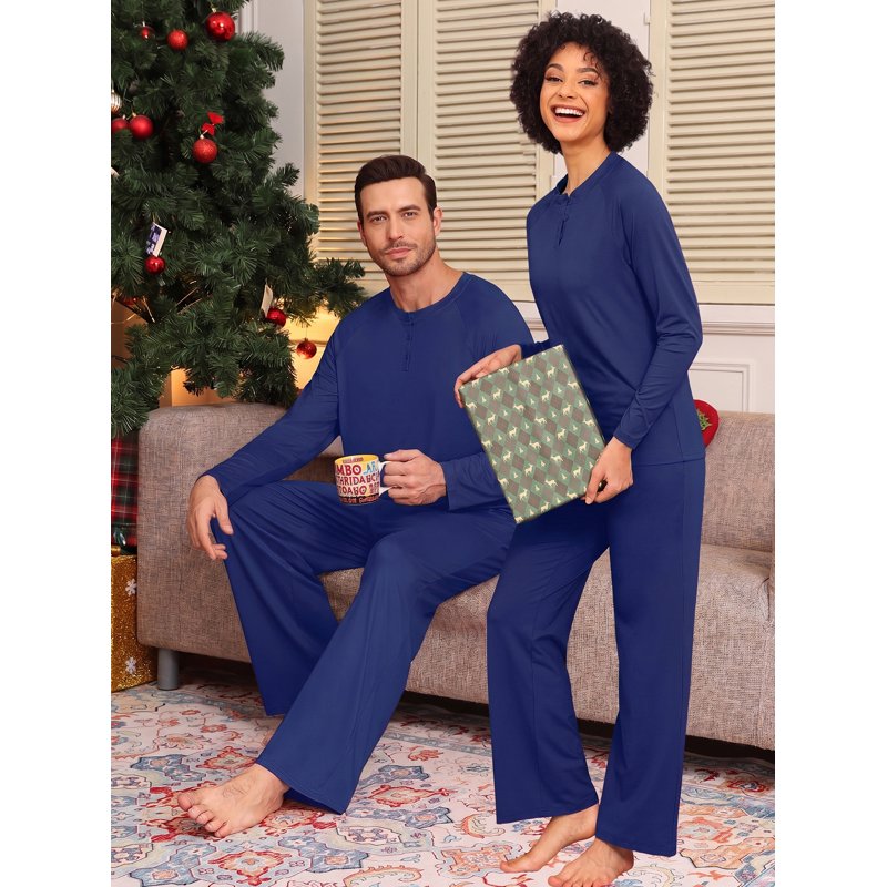 Matching Couple Pajama Sets for Women Men L Navy Blue Cozy Sleepwear