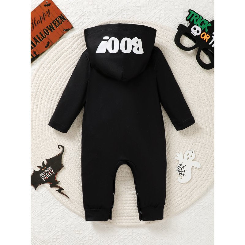 Baby Boy Halloween Skeleton Print Hooded Romper 6-9 Months Black