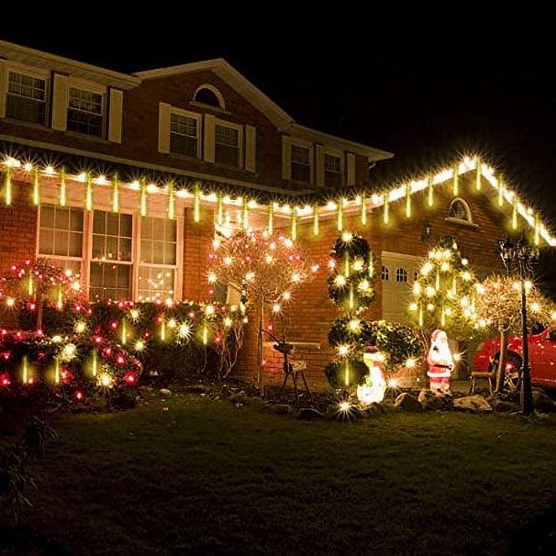 Meteor Shower Icicle Lights Outdoor 8 Tube 192 LED Cascading Christmas & Halloween Decor - Warm White