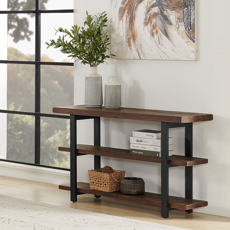 Rustic 48-Inch Solid Pine Wood Media Console Table with Metal Legs