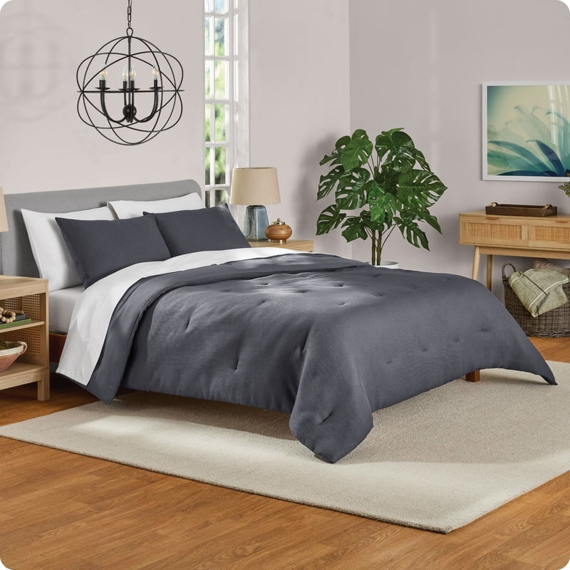 Mainstays 3-Piece Waffle Comforter Set with Matching Shams - Full/Queen Grey Stone