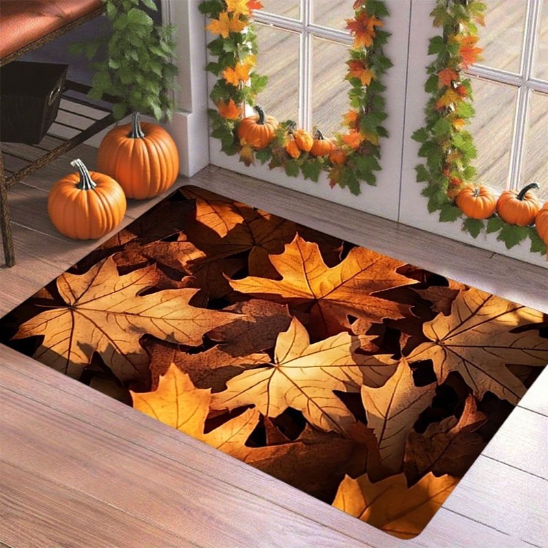 Non-Slip Fall Doormat - Absorbent Waterproof Entrance Rug with Pumpkin & Leaves - Variation A