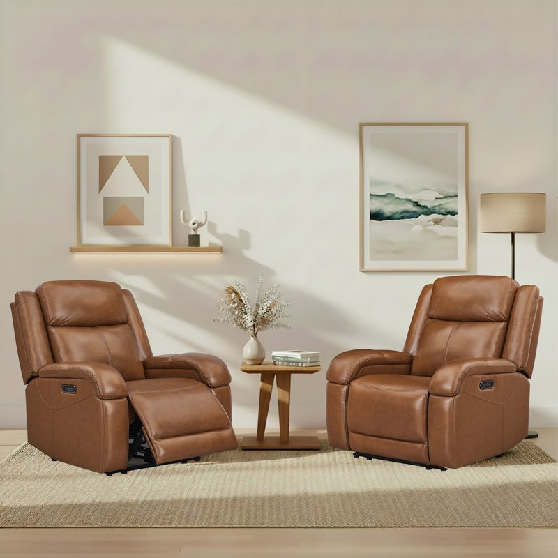 Genuine Leather Wall Hugger Power Recliner with Dual Motors