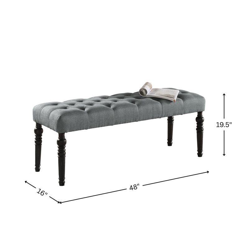 Tufted Fabric Dining Bench with Turned Legs - Gray