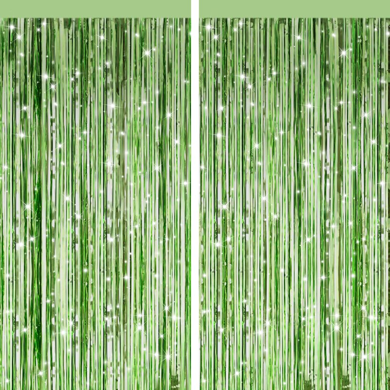 Light Green Metallic Tinsel Foil Fringe Curtains 4 Pack for Party Decorations