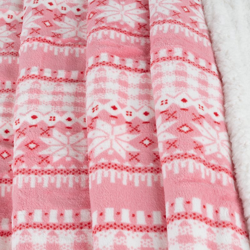 Reversible Pink and White Snowflake Fleece Blanket - 50x60 Throw for Couch & Bed