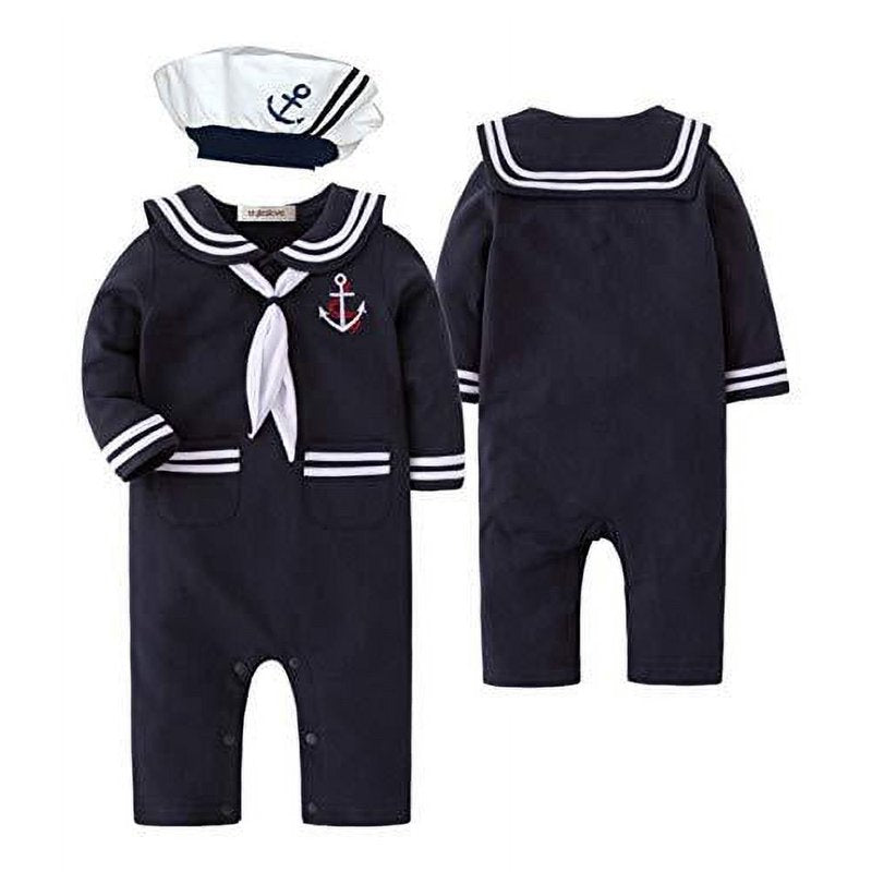 White Baby Boy Marine Sailor Romper Set with Hat and Necktie - 3-6 Months