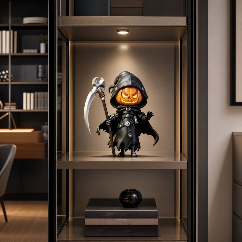 Halloween Pumpkin Grim Reaper Statue with Glowing Head - Hand-Painted Resin Ornament - Black Variation #320