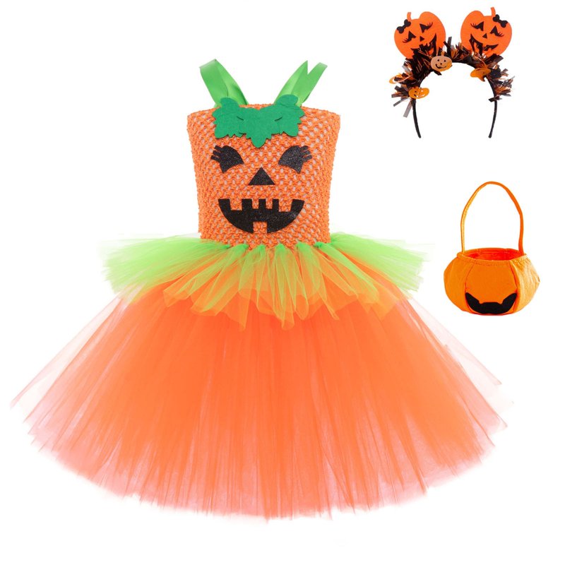 Kids Halloween Costume Dress with Accessories - Multicolour Princess Pumpkin Theme, 9-10 Years - Fancy Dress Costume