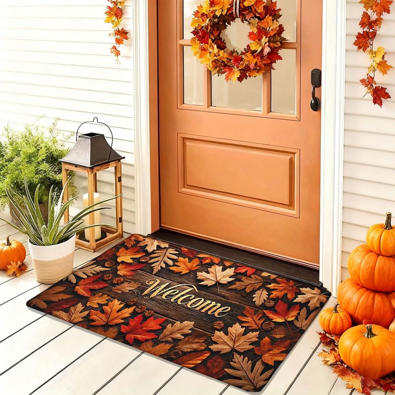 Thanksgiving Fall Doormat with Maple Leaves - Non-Slip Outdoor Indoor Entrance Mat (J)