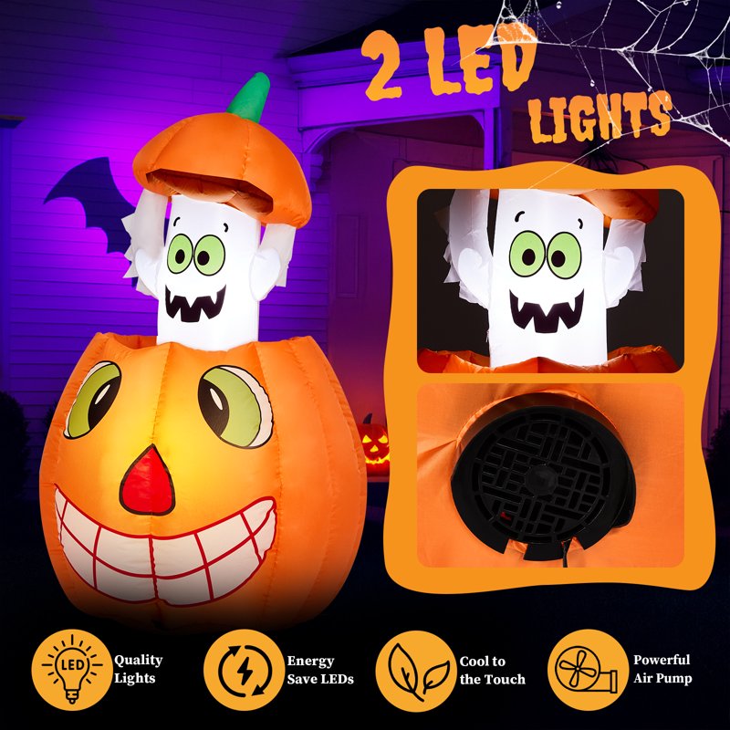 2.8ft Inflatable Halloween Pumpkin Ghost with LED Lights - Outdoor Yard Decor