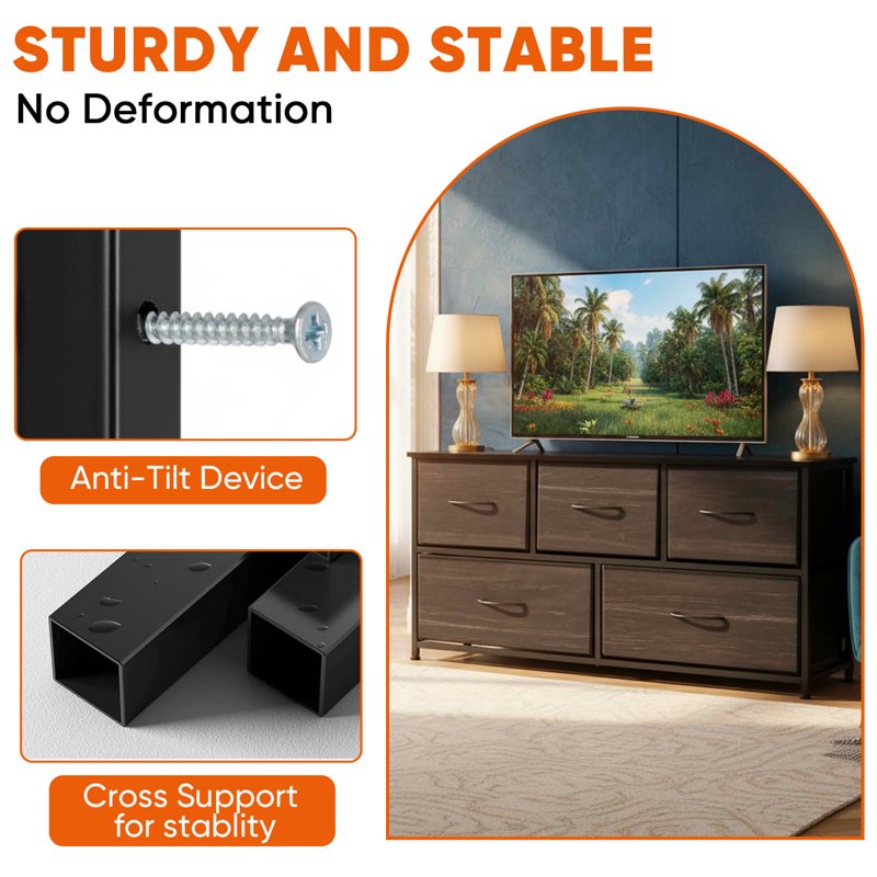Fabric Drawer Nightstand with Wooden Top - 5 Drawer Black Wood