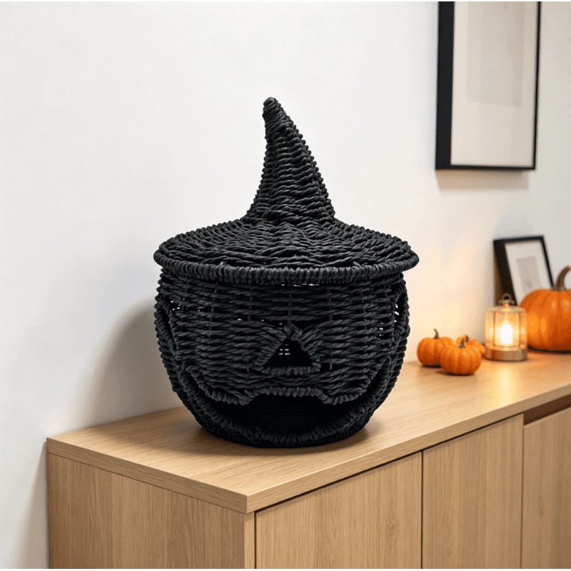 Halloween Seagrass Pumpkin Basket with Witch Hat Lid - 10.6 Inch Black Woven Fall Decor