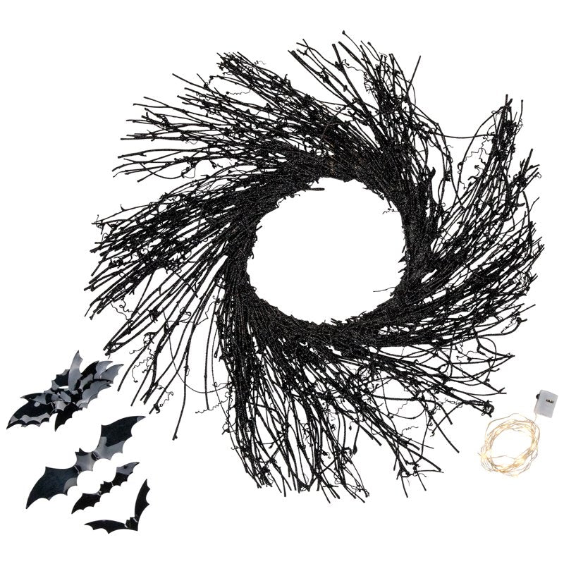 Halloween Lighted Wreath with Bats and LED Lights - 22 Inch Black Decor