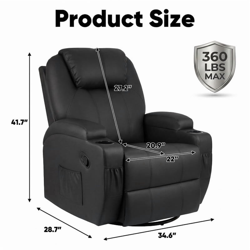 Swivel Rocker Recliner Chair with Massage - Multiple Colors